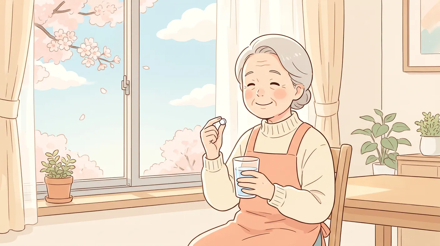 朝の窓辺で、コップの水とともにお薬をのむ年配の女性。やわらかな光