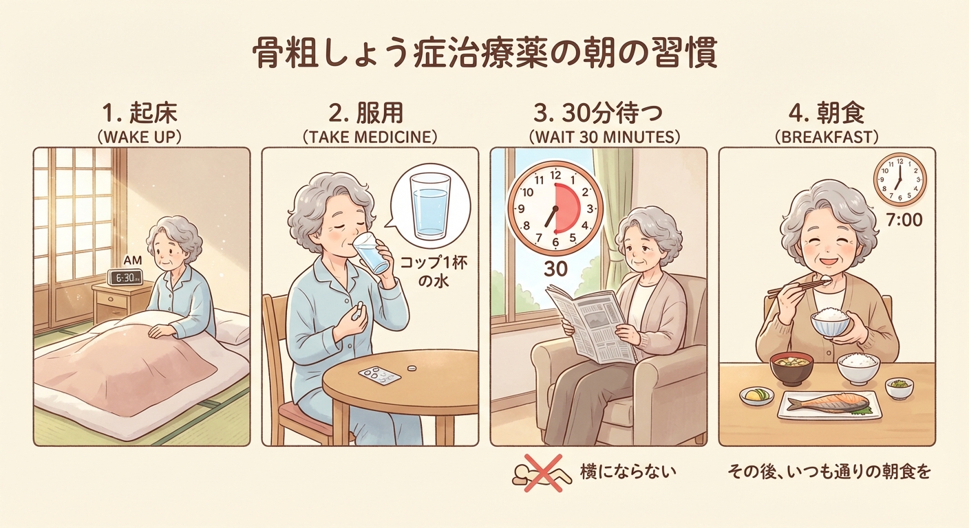 朝の服薬習慣：水で飲んで30分待つ
