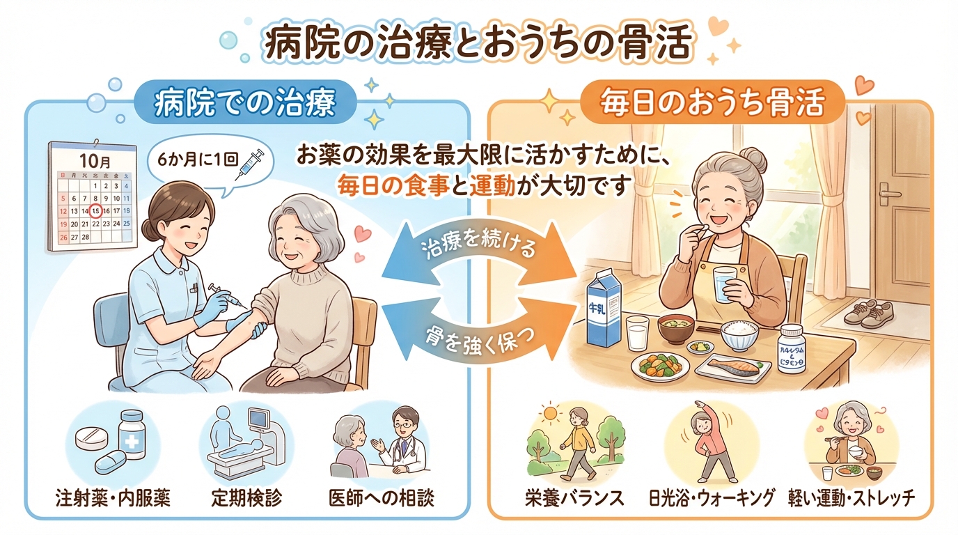病院での注射と自宅での栄養補給