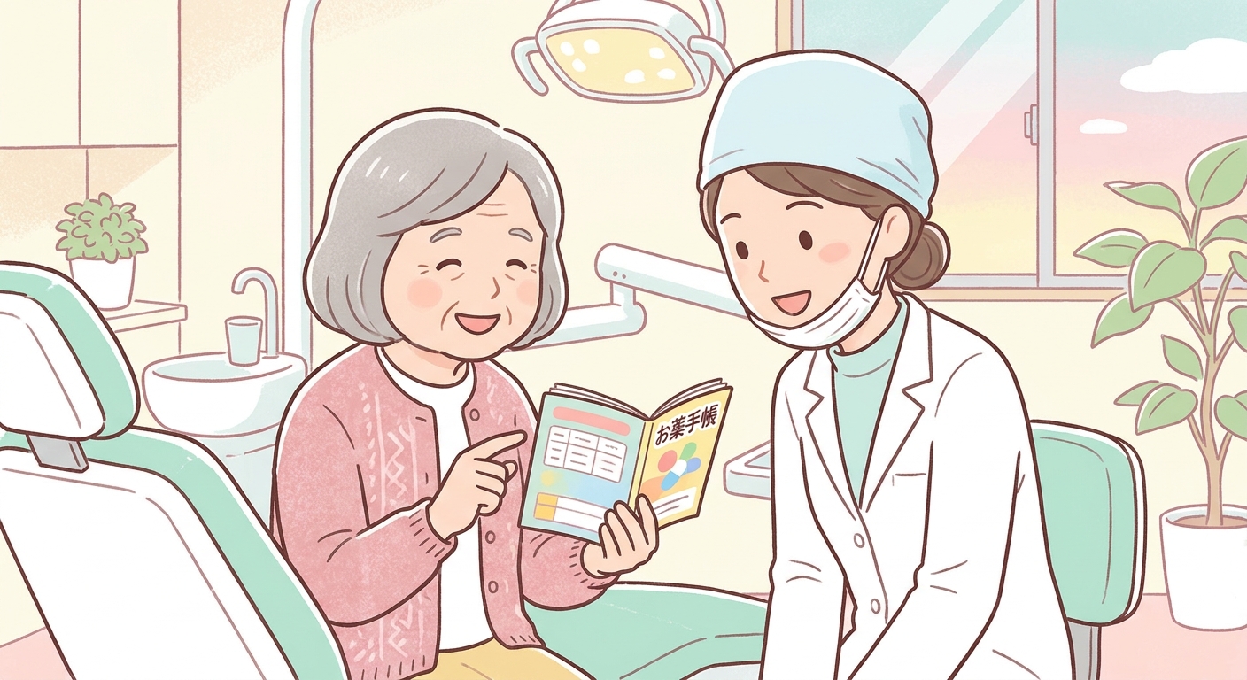 お薬手帳を見せて歯科医に相談する場面
